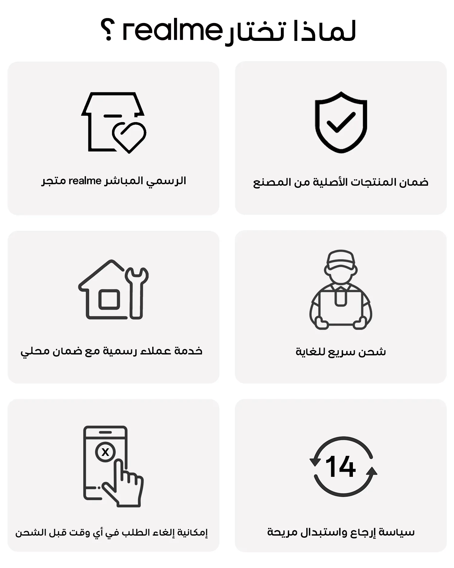 مزايا متجر realme مصر الرسمي، ضمان وشحن وإرجاع 14 يوم