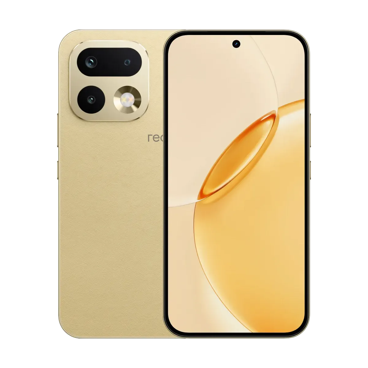 هاتف realme 16 Pro 5G لون ذهبي، عرض الواجهة الأمامية والخلفية للجهاز