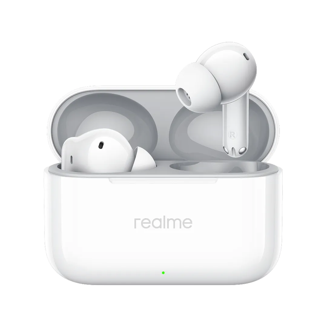 realme Buds T200 لون أبيض علبة مفتوحة