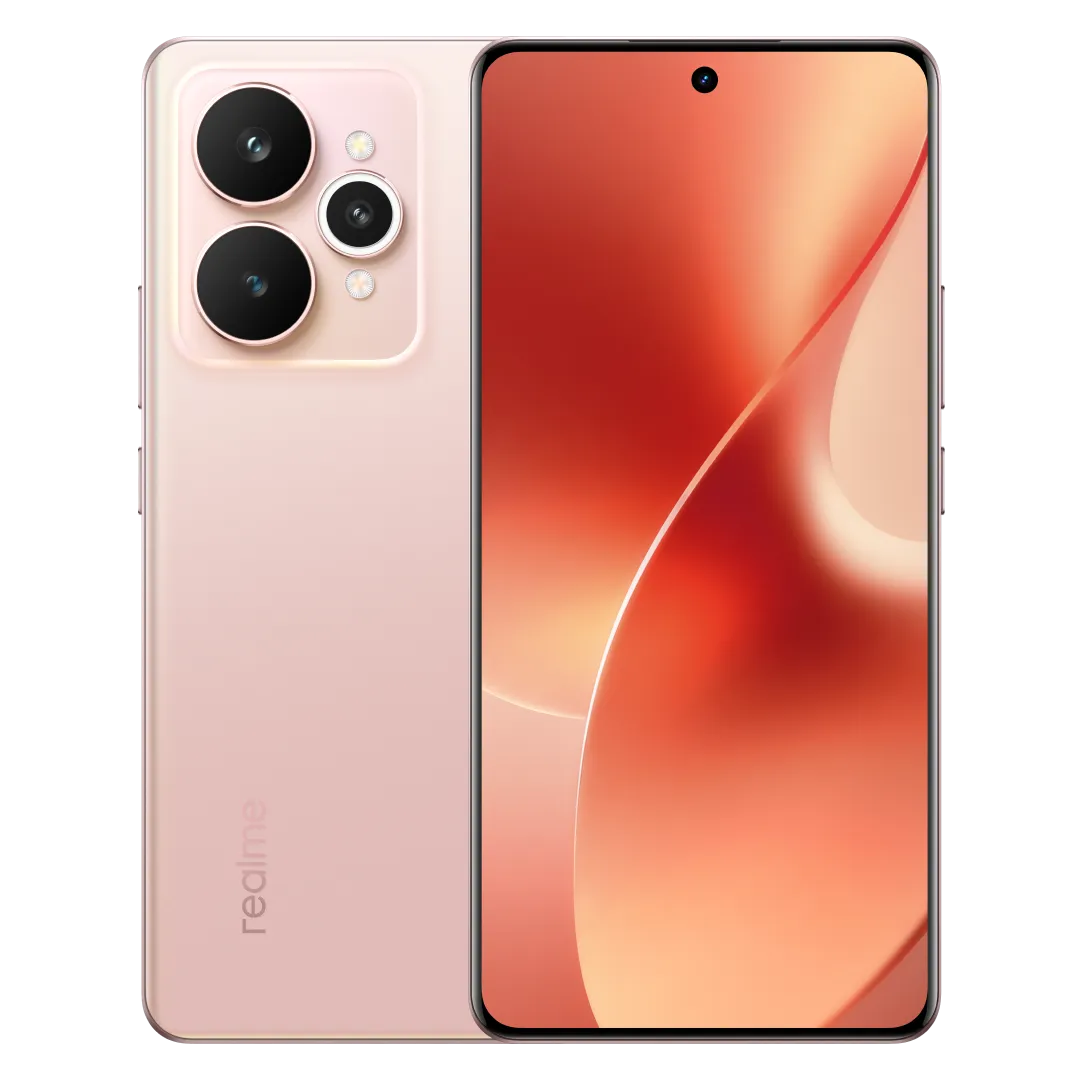 هاتف realme 15 5G لون زهري حريري، عرض الواجهة الأمامية والخلفية للجهاز