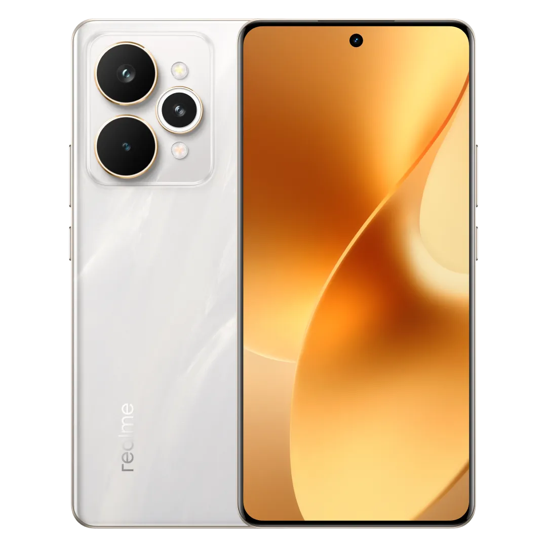 هاتف realme 15 Pro 5G لون فضي لامع، عرض الواجهة الأمامية والخلفية للجهاز