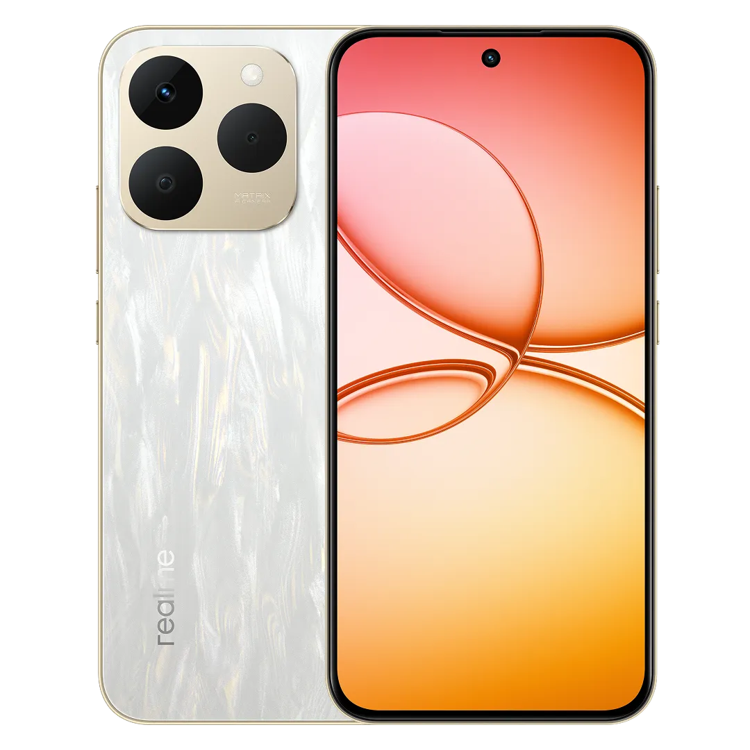 هاتف realme 15t 5G لون الفضي اللامع، عرض الواجهة الأمامية والخلفية للجهاز