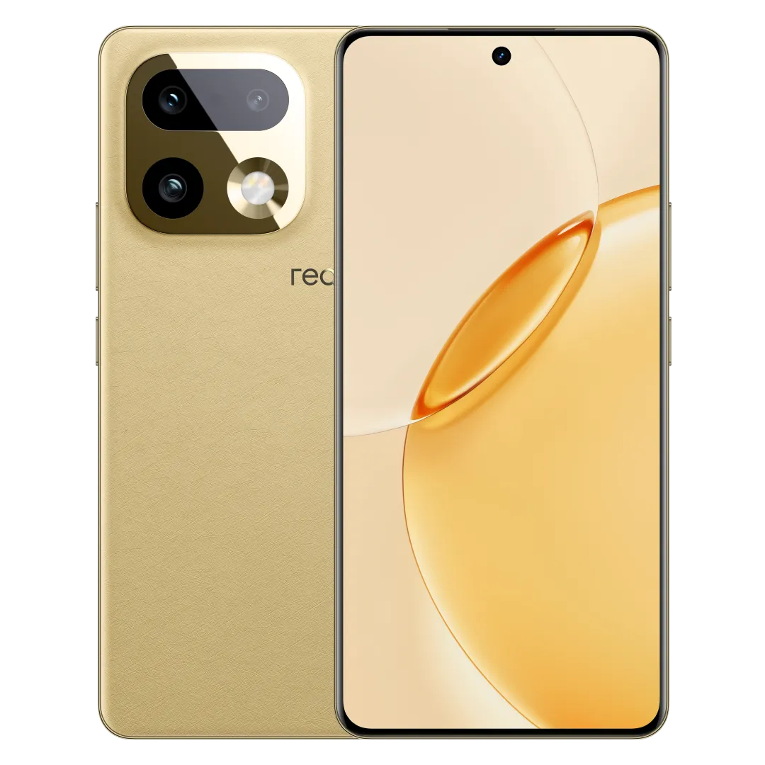 هاتف realme 16 Pro Plus 5G لون ذهبي، عرض الواجهة الأمامية والخلفية للجهاز